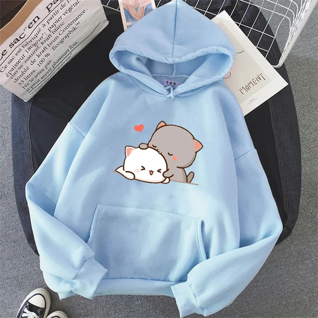Sudadera con capucha estampada de pareja de gatos kawaii encantadores