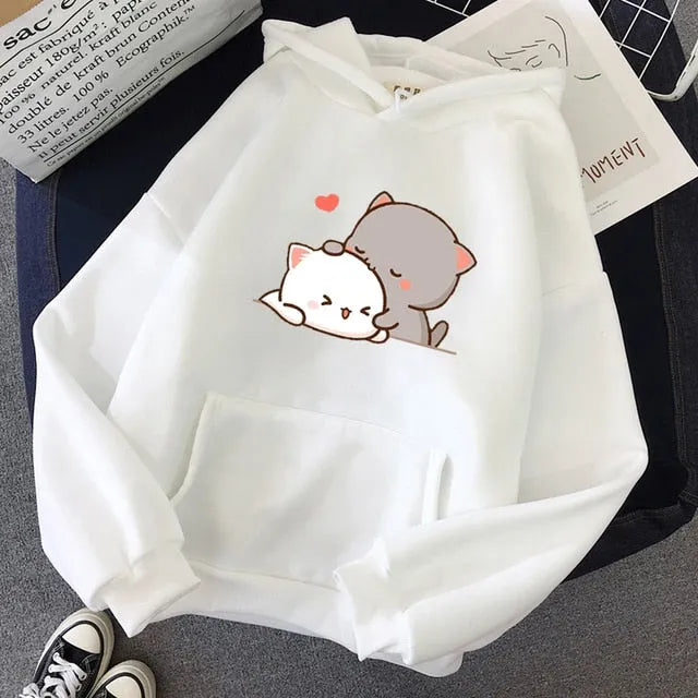 Sudadera con capucha estampada de pareja de gatos kawaii encantadores