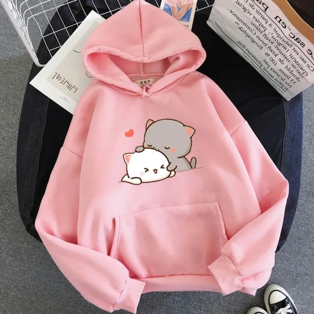 Sudadera con capucha estampada de pareja de gatos kawaii encantadores