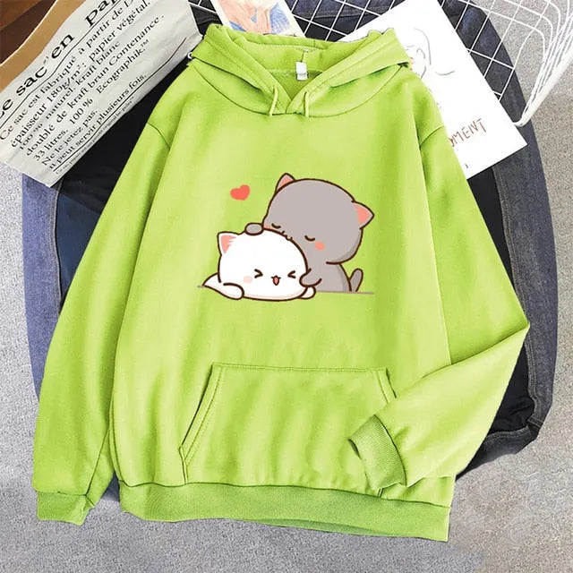 Sudadera con capucha estampada de pareja de gatos kawaii encantadores