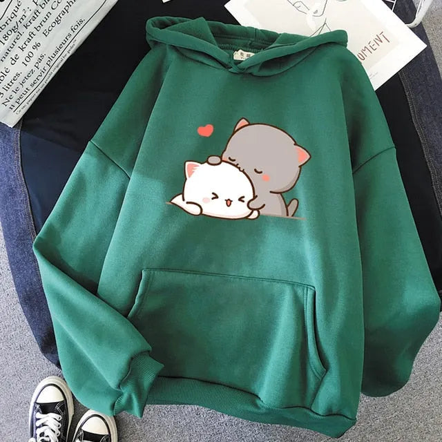 Sudadera con capucha estampada de pareja de gatos kawaii encantadores
