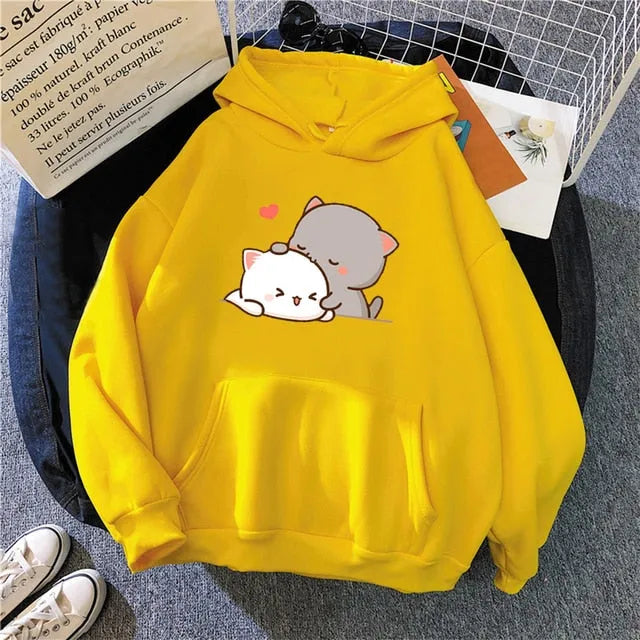 Sudadera con capucha estampada de pareja de gatos kawaii encantadores