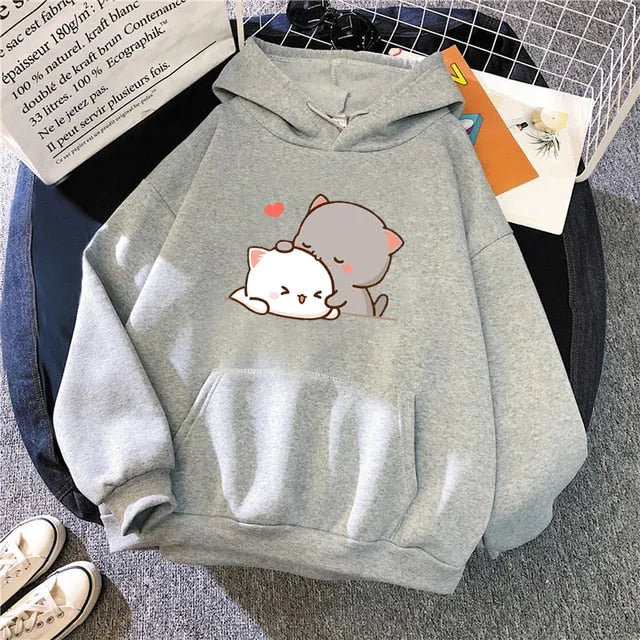 Sudadera con capucha estampada de pareja de gatos kawaii encantadores