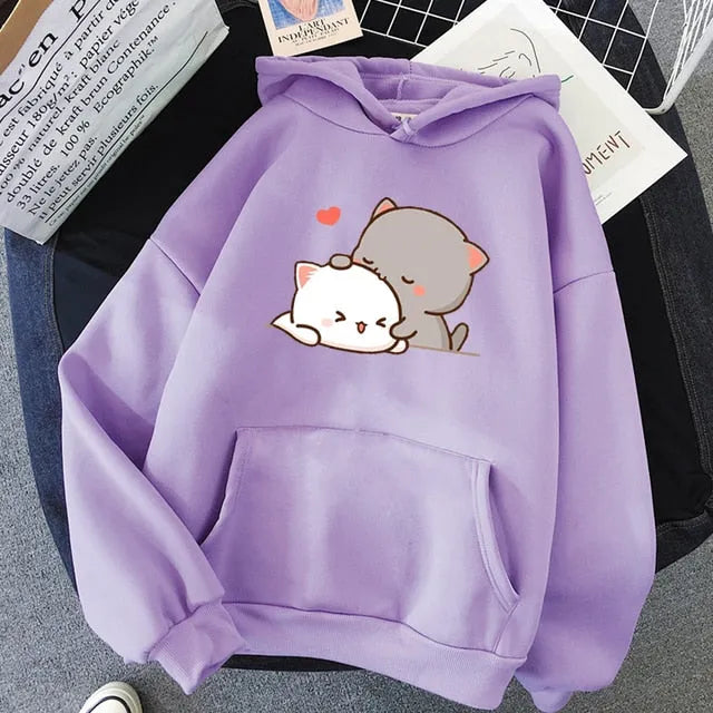 Sudadera con capucha estampada de pareja de gatos kawaii encantadores
