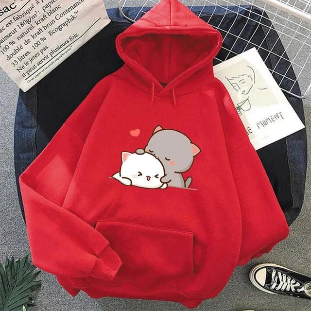 Sudadera con capucha estampada de pareja de gatos kawaii encantadores