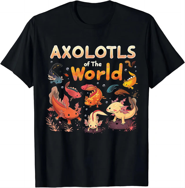 Casual Black T-shirt Patterned Axolotls - Item - BYTOODAY