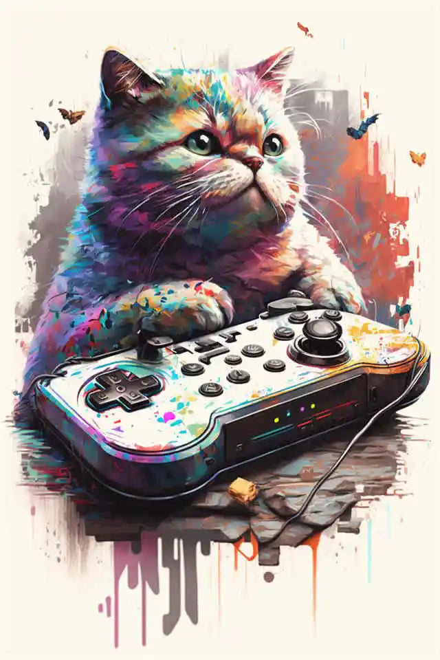 Video Game Player Cat Painting Style Wall Poster - Item - BYTOODAY