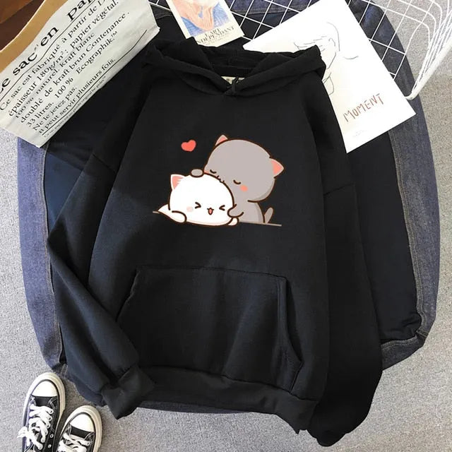 Sudadera con capucha estampada de pareja de gatos kawaii encantadores