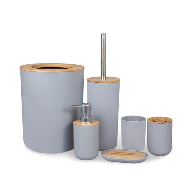 Set of 6 Bamboo and Stainless Steel Bathroom Accessories - Item - BYTOODAY